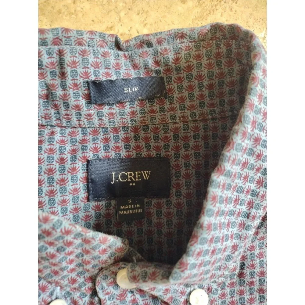 J. Crew Down Shirt Men S Blue Burgundy‎ Slim Long Sleeve 100% Cotton AOP Casual